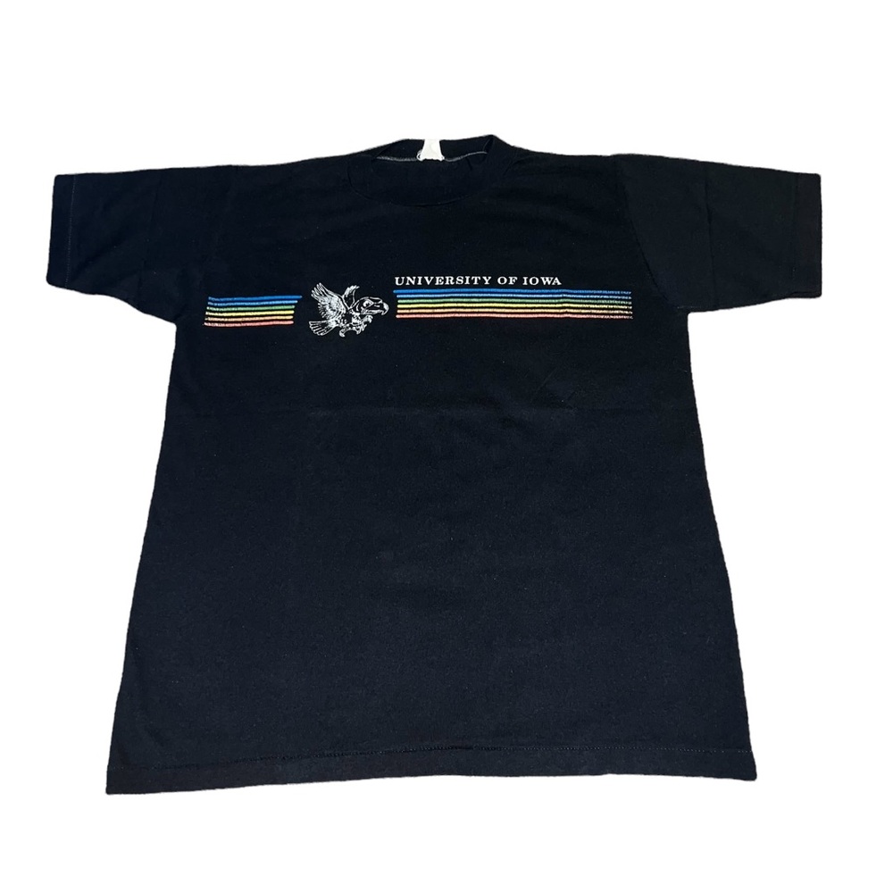Vintage 80s University of Iowa Hawkeyes Black Single Stitch Shirt Rainbow